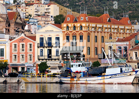 Traditional architecture buildings at the city of Mytilini, Lesvos island, Greece Stock Photo