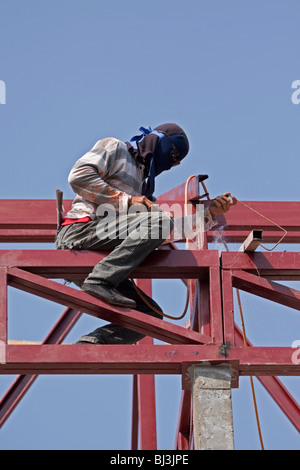 Thai construction worker, welders, welding a steel frame, Thailand, Asia Stock Photo