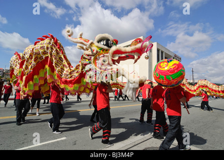 Chinese New Year parade in Chinatown of Los Angeles, California. Featuring Dragons and Lion Dancers. Stock Photo