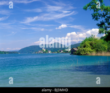 Woerthersee lake with town of Maria Woerth, Carinthia, Austria, Europe Stock Photo