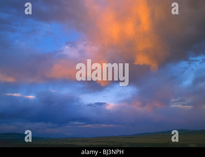 Cumulus clouds illuminated by glowing sunset light, Gallatin Valley, Montana, USA Stock Photo