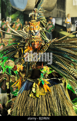 Samba school Mocidade Independente de Padre Miguel, man in the elaborate costume of a Cacique, Carnaval 2010, Sambodromo, Rio d Stock Photo