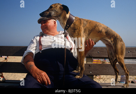 A rotund man wearing a flat cap and checked shirt under braces holds on to his pet Whippet dog on the seafront during a heatwave Stock Photo