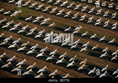 Dozens of F-4 Phantom fighters from the Cold War-era are laid out in grids across the arid desert at Davis-Monthan Air Forbe Bas Stock Photo