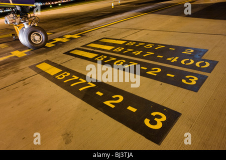 The main nose wheel of a British Airways airliner parked on a stand at Heathrow Airport. Stock Photo