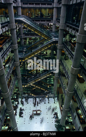 From a high vantage point looking across the atrium of British architect Sir Richard Rogers' Lloyds building Stock Photo