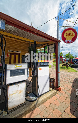 An old petrol station in the quaint, historic town of Central Tilba in New South Wales, Australia Stock Photo