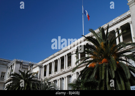 Palais des Ducs de Savoie palace, palm tree (Phoenix canariensis), French flag, Nice, Alpes Maritimes, Région Provence-Alpes-Cô Stock Photo