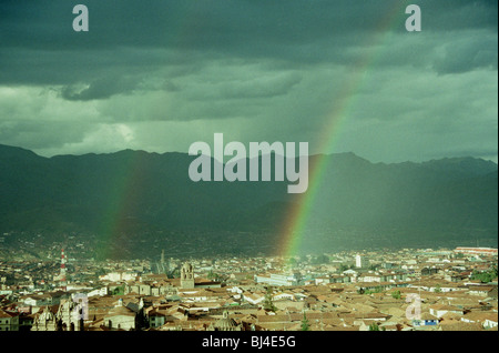 double rainbow over Cuzco in Peru Stock Photo