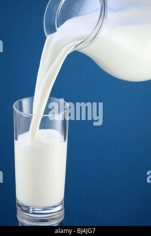 Pouring of milk from jug into a glass Stock Photo