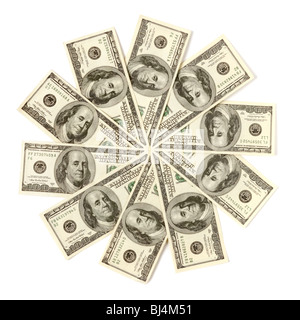 Artistic pattern made from dollar bills Snowflake or star Isolated with a clipping path on white background Stock Photo