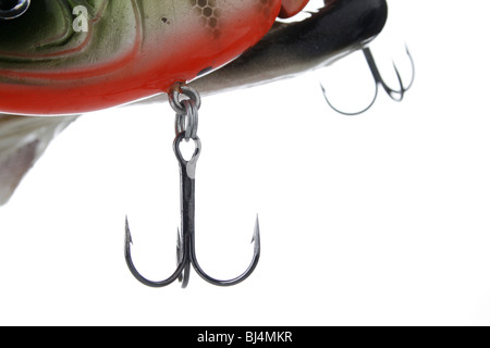 barbed hook on pike fishing lure cutout image white background Stock Photo