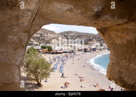 View of Matala from the prehistoric cave dwellings in Matala, Crete, Greece, Europe Stock Photo
