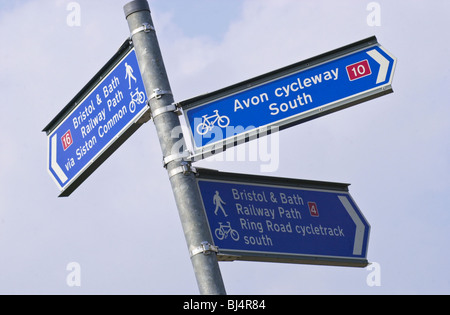 Sustrans cycle path way sign post at the former Mangotsfield Railway Station part of the National Cycle Network near Bristol Stock Photo