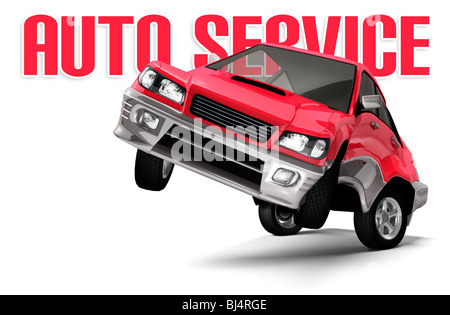 Auto Service conceptual illustration. Red car standing on rear wheels and facing the camera. Isolated on white background. Stock Photo