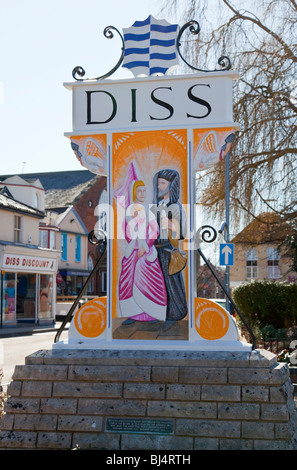 Town sign in Diss town centre, Norfolk Stock Photo