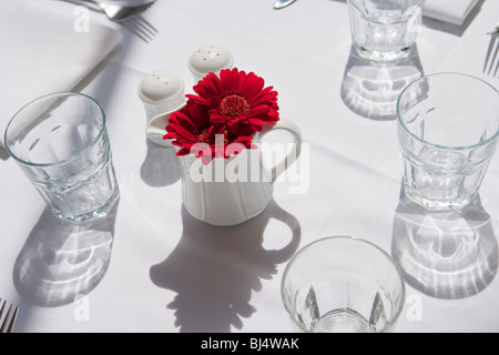 single place table setting accented with red flowers Stock Photo