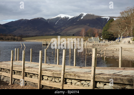 Landing stages on Derwent water at Keswick with a snow capped Skiddaw in the background. Stock Photo