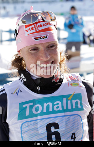 Evi Sachenbacher Stehle talks with the press after the FIS World Cup Cross Country, Ladies 4 x 5 km Classic/Free Relay. Stock Photo