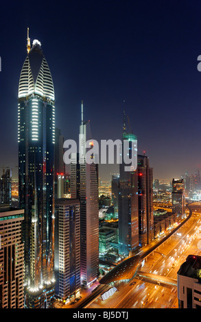 towers, skyscrapers, skyline, traffic, megacity, downtown Dubai, Dubai, United Arab Emirates, Middle East Stock Photo