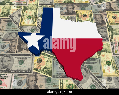 Texas 3d Map flag on American dollars illustration Stock Photo