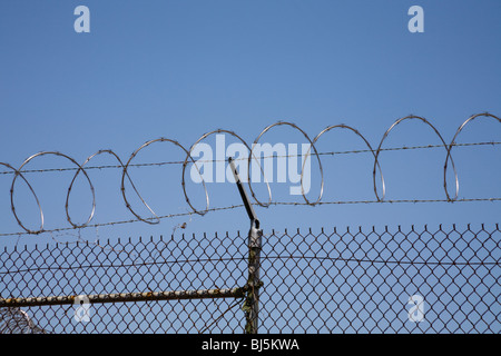 Razor wire and barbed wire security fence Stock Photo