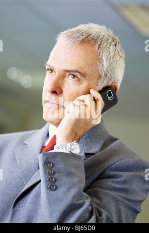 portrait of mature business man talking on the phone, looking away. Stock Photo