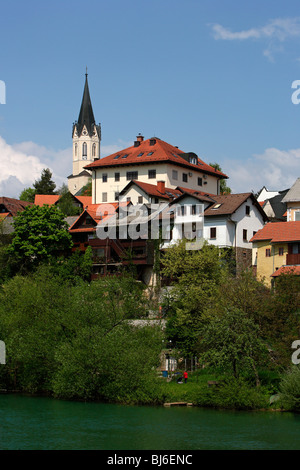Novo Mesto,old town,Krka River,Chapter Church of St Nicolas,Slovenia Stock Photo