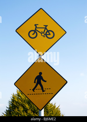 Road signs warning pedestrians, cyclists and motorists of hazards ahead ...