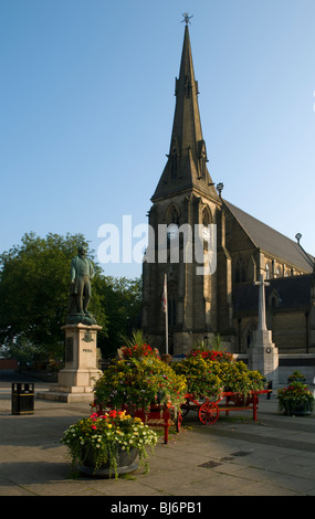 Church of Saint Mary the Virgin and statue of Robert Peel, from the Market Place, Bury, Greater Manchester, England, UK Stock Photo