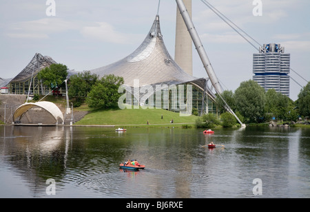 Frei Otto Tensed structures for the Munich 72 Olympic Games. Olympic Stadium and park with Olympic Tower. Munich Germany Stock Photo