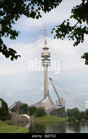 Frei Otto Tensed structures for the Munich 72 Olympic Games. Olympic Stadium and park with Olympic Tower. Munich Germany Stock Photo