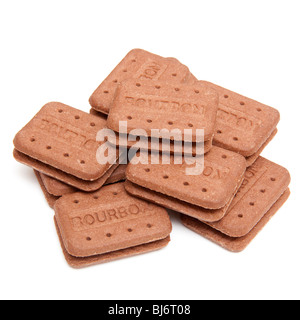 Chocolate bourbon biscuits isolated on a white studio background. Stock Photo