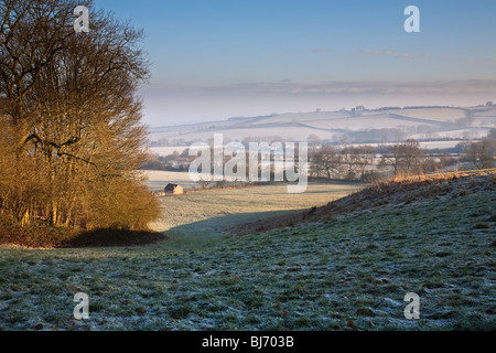 Early morning mist and light in the Vale of Belvoir Leicestershire Stock Photo