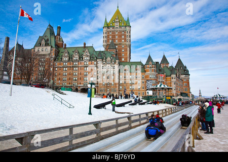 Tobogganing during Winter Carnaval in Old Quebec City, Canada Stock Photo