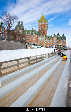 Tobogganing during Winter Carnaval in Old Quebec City, Canada Stock Photo