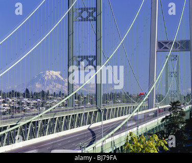 WASHINGTON - The Tacoma Narrows Bridge with Mount Rainier in the distance. Stock Photo