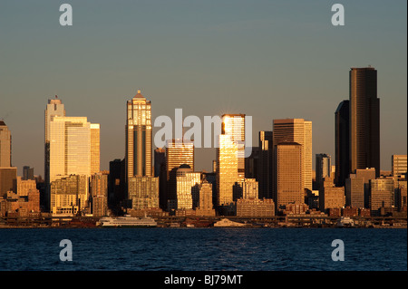 Retro image, Seattle skyline from West Seattle and Elliott Bay Washington State USA Stock Photo