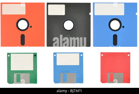 Data storage, set of floppy discs ready for cut and paste. Stock Photo