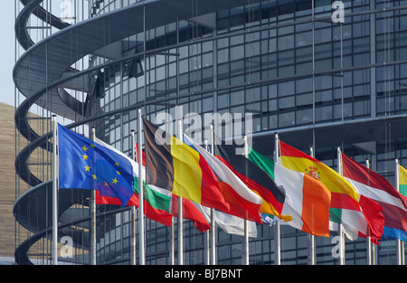 EU Member States flags in front of the European Parliament building, Strasbourg, France Stock Photo