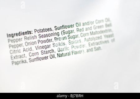 Ingredients list on food package Stock Photo