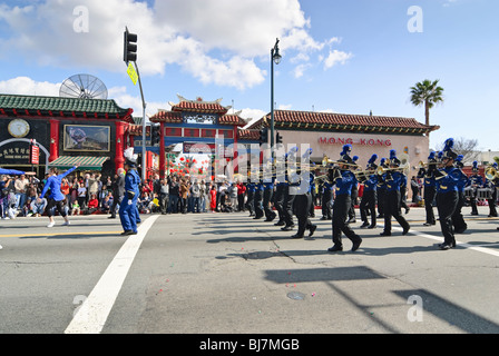 Chinese New Year parade in Chinatown of Los Angeles, California. Featuring marching bands, and floats. Stock Photo