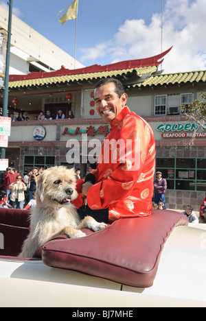 Chinese New Year parade in Chinatown of Los Angeles, California. Featuring the Mayor of Los Angeles, Antonio Villaraigosa. Stock Photo