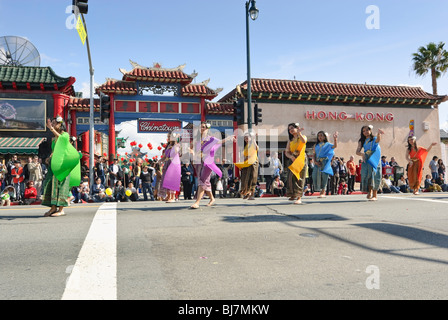 Chinese New Year parade in Chinatown of Los Angeles, California. Featuring marching bands, floats, and dancers. Stock Photo