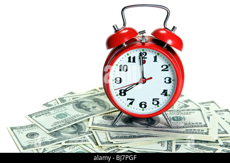 Red alarm clock on money - Time is money concept. Space for your text