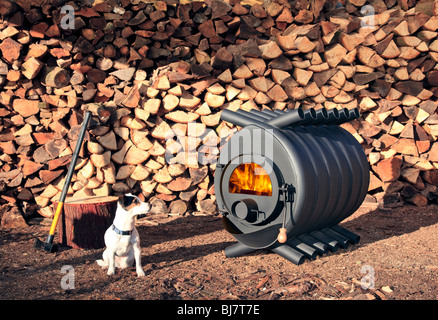 A large wood-burning stove in front of a pile of wood with a small dog in front of it. There are flames in the stove. Stock Photo