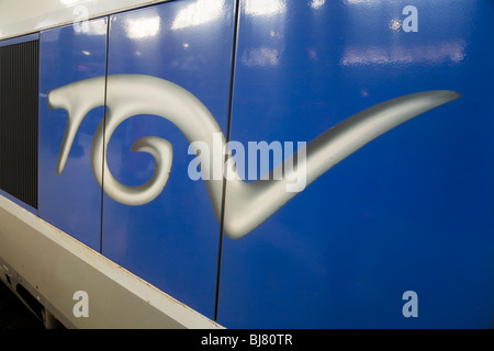 TGV – meaning 'High-Speed Train' – corporate identity / ident / logo / icon on the side of a French train carriage in France. Stock Photo