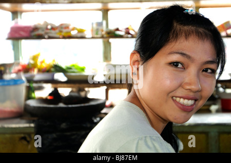 woman in warung, Pekanbaru, Sumatra, Indonesia Stock Photo