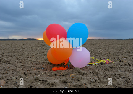 Group of party balloons stranded on farmland. Stock Photo