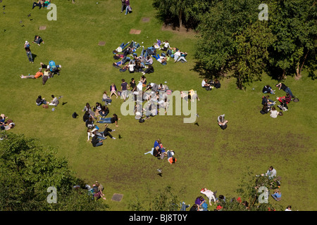 Overview of park, green grass, sunbathers, london, uk, england, europe Stock Photo